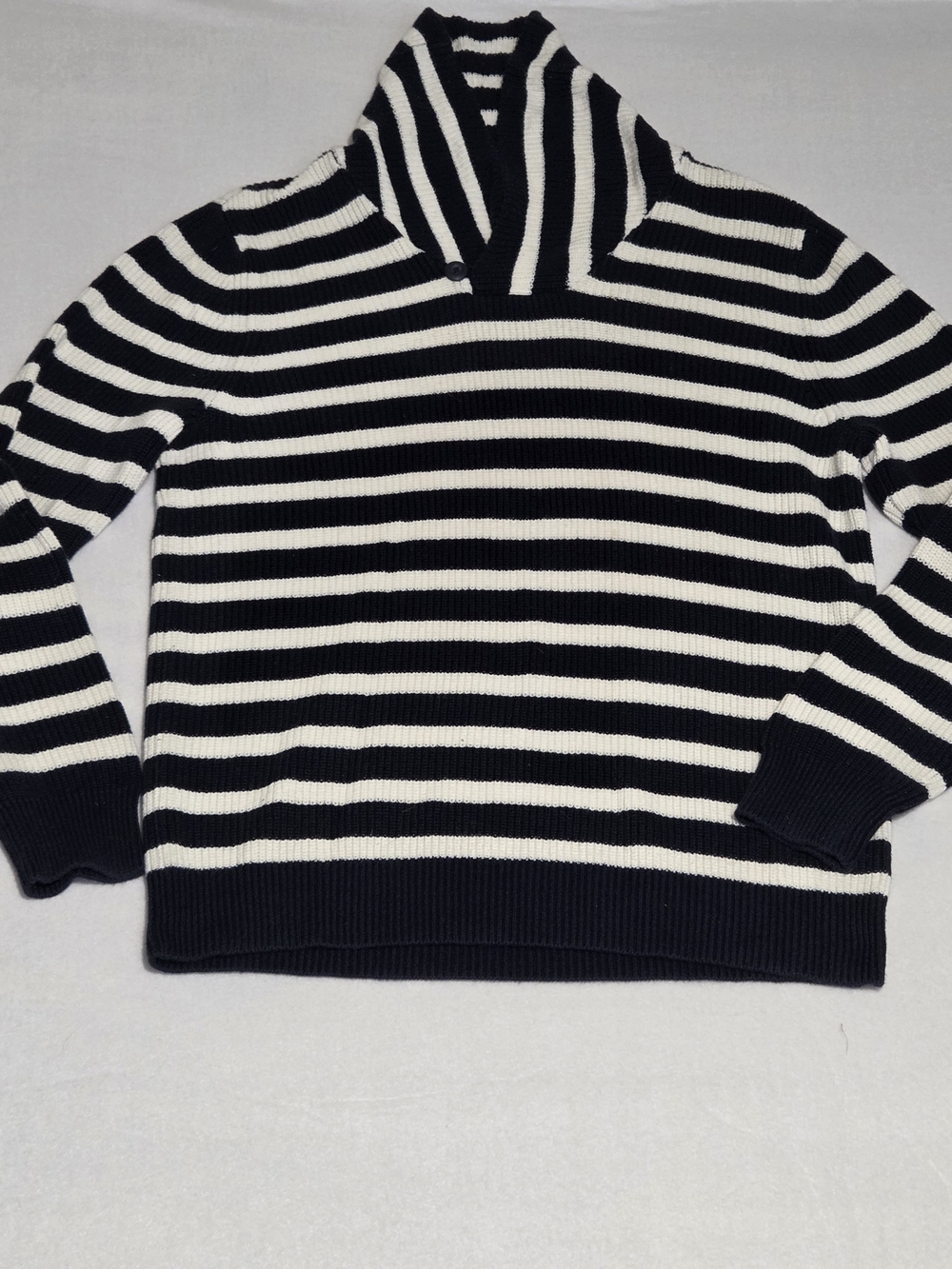 Men's Black & White Striped Shawl Collar Sweater